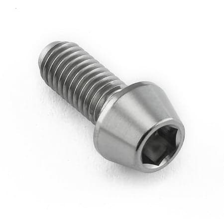 Tapered Allen head titanium bolt in natural finish, M5 size, with a length of 12mm and a 0.80mm thread pitch, showcasing a sleek, durable design.