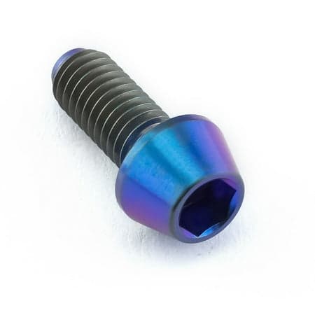 Purple titanium tapered Allen head bolt, measuring M5 X 0.80mm X 12mm, featuring a shiny, iridescent finish and a hexagonal socket for easy installation.