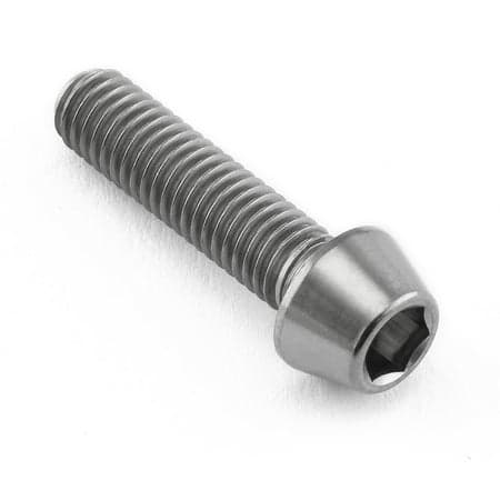Tapered Allen head titanium bolt in natural finish, measuring M5 X 0.80mm X 20mm, featuring a smooth, shiny surface and hexagonal socket for tool insertion.