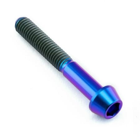 Purple titanium tapered Allen head bolt, measuring M5 x 0.80mm x 35mm, featuring a smooth finish and distinct threading for secure fastening.