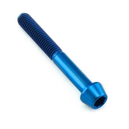 Blue tapered Allen head titanium bolt measuring M5 x 0.80mm x 40mm, featuring a sleek finish and a hexagonal socket for easy installation.