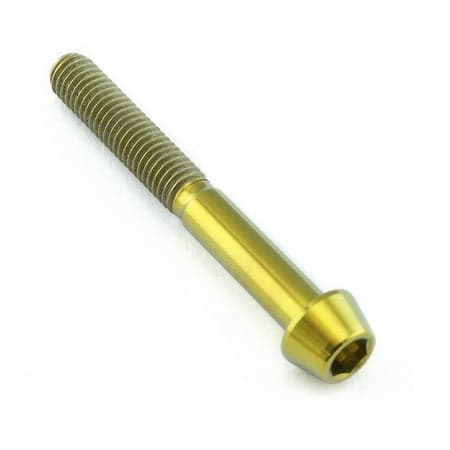Gold titanium tapered Allen head bolt, measuring M5 x 0.80mm x 40mm, featuring a smooth finish and distinct threading for secure fastening.