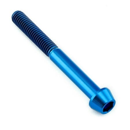 Blue titanium tapered Allen head bolt, measuring M5 x 0.80mm x 45mm, featuring a smooth finish and hexagonal socket for easy installation.