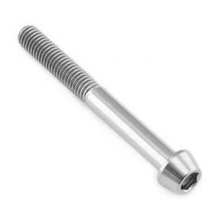 Tapered Allen head titanium bolt in natural finish, measuring M5 x 0.80mm x 45mm, featuring a sleek, shiny surface and a hexagonal socket for easy installation.
