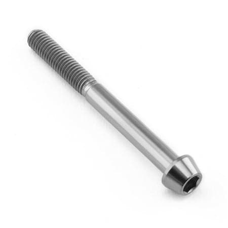 Tapered Allen head titanium bolt in natural finish, measuring M5 x 0.80mm x 50mm with a 20mm length, featuring a smooth, shiny surface and distinct threading.