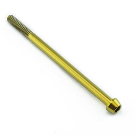 Gold titanium tapered Allen head bolt, measuring M6 x 1.00mm x 100mm with a 25mm length, featuring a smooth finish and prominent threading.