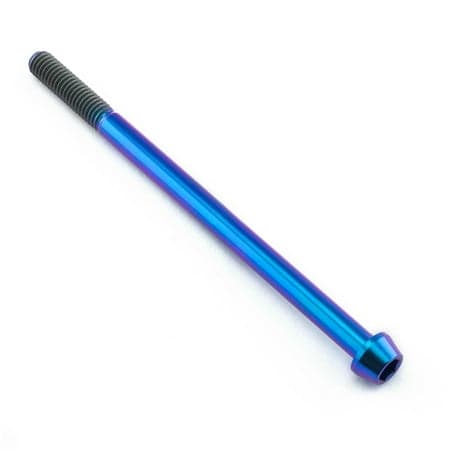 Tapered purple titanium Allen head bolt measuring M6 x 1.00mm x 100mm, featuring a sleek, shiny finish and fine threading for secure fastening.