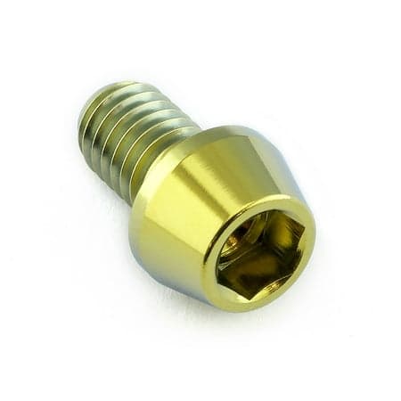 Gold tapered Allen head titanium bolt, measuring M6 x 1.00mm x 10mm, featuring a hexagonal socket for easy installation and a sleek, shiny finish.