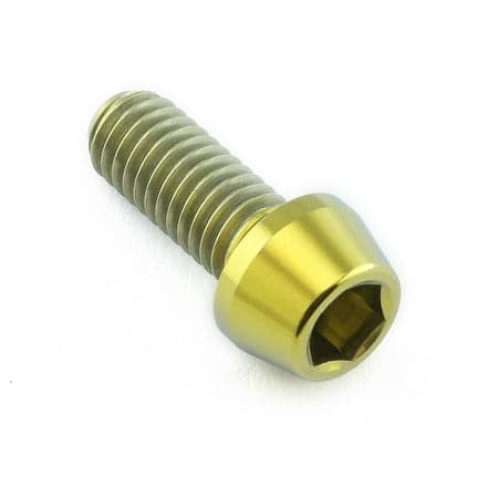 Gold titanium M6 tapered Allen head bolt, 15mm long, featuring a smooth, shiny finish and hexagonal socket for easy installation.