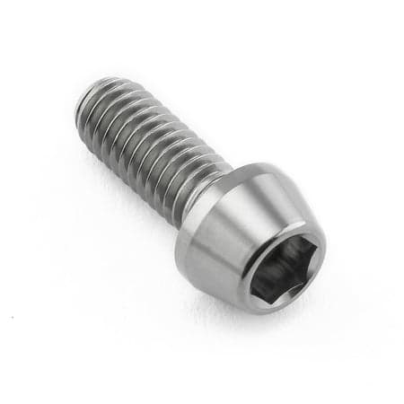 Tapered Allen head titanium bolt in natural finish, measuring M6 x 1.00mm x 15mm, featuring a smooth shaft and a hexagonal recess for easy installation.