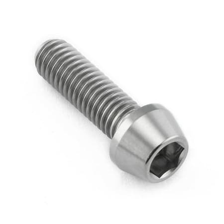Tapered Allen head titanium bolt in natural finish, measuring M6 x 1.00mm x 20mm, featuring a smooth, shiny surface and hexagonal socket for tool insertion.