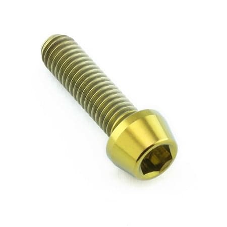 Gold titanium tapered Allen head bolt, measuring M6 X 1.00mm X 22mm, featuring a hexagonal socket for easy installation and a sleek, shiny finish.