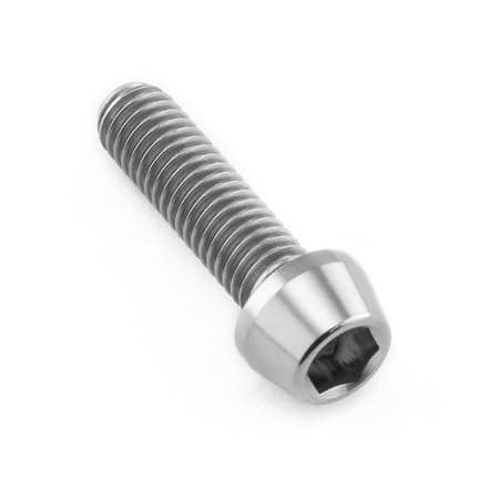Tapered Allen head titanium bolt in natural finish, measuring M6 x 1.00mm x 22mm, featuring a smooth, shiny surface and a hexagonal socket for easy installation.