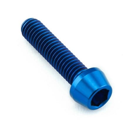 Blue tapered Allen head titanium bolt, measuring M6 x 1.00mm x 25mm, featuring a smooth finish and hexagonal socket for easy installation.