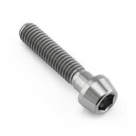 Tapered Allen head titanium bolt in natural finish, measuring M6 x 1.00mm x 28mm, featuring a smooth, shiny surface and a hexagonal socket for easy installation.