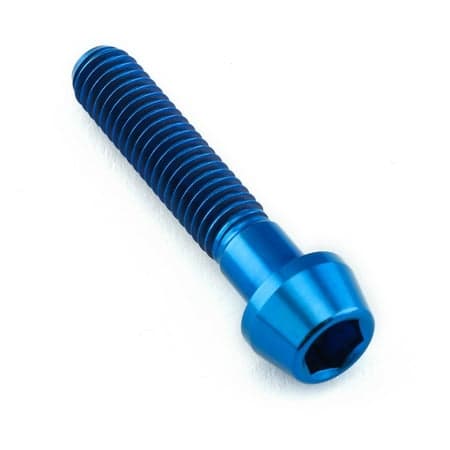 Blue titanium tapered Allen head bolt, measuring M6 x 1.00mm x 30mm, featuring a smooth finish and hexagonal socket for easy installation.