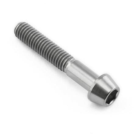 Tapered Allen head titanium bolt in natural finish, measuring M6 x 1.00mm x 35mm, showcasing a shiny, durable surface with visible threading along the shaft.