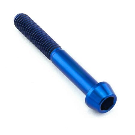Tapered Allen head titanium bolt in blue, measuring M6 x 1.00mm x 45mm, featuring a smooth finish and distinct threading along the shaft.