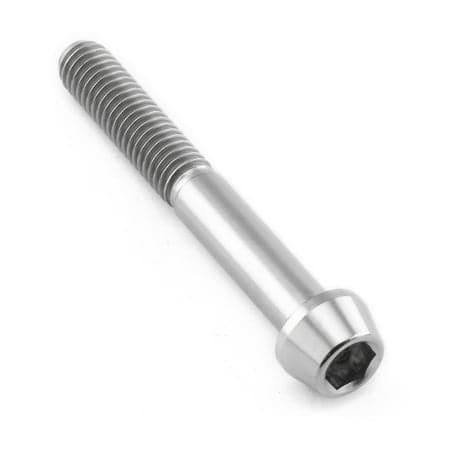 Tapered Allen head titanium bolt in natural finish, measuring M6 x 1.00mm x 45mm with a 25mm thread length, featuring a smooth, shiny surface and deep hex socket.