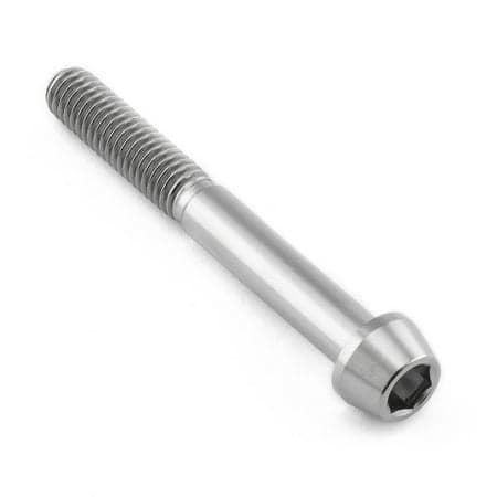 Tapered Allen head titanium bolt in natural finish, measuring M6 x 1.00mm x 50mm with a 25mm threaded section, featuring a smooth, shiny surface and hexagonal socket.
