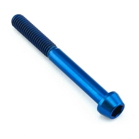 Tapered Allen head titanium bolt in vibrant blue, measuring M6 x 1.00mm x 55mm, featuring a smooth finish and deep hex socket for easy installation.