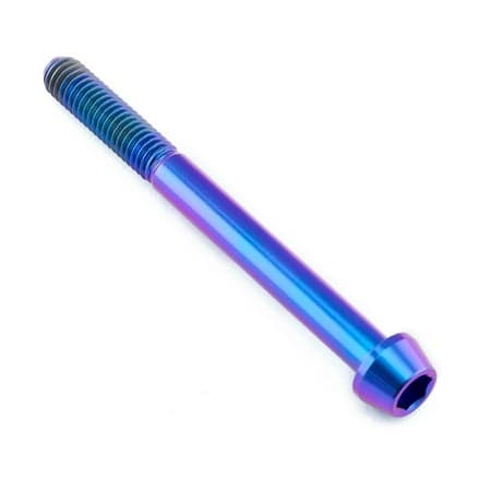 Tapered purple titanium Allen head bolt, measuring M6 x 1.00mm x 65mm, featuring a shiny finish and distinct threading for secure fastening.