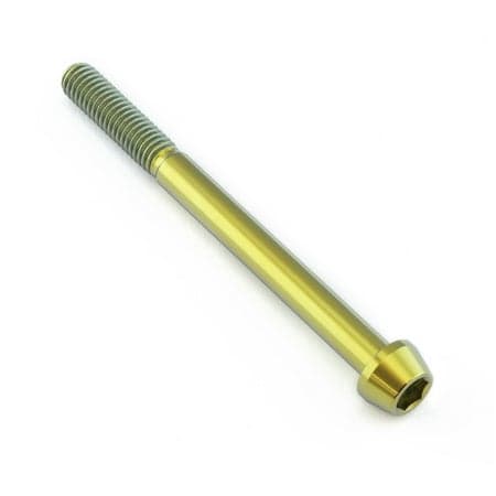 Gold tapered Allen head titanium bolt, measuring M6 x 1.00mm x 70mm with a 25mm length, featuring a smooth, polished finish and hexagonal socket for easy installation.