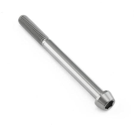 Tapered Allen head titanium bolt in natural finish, measuring M6 x 1.00mm x 70mm with a 25mm length, featuring a sleek, shiny surface and hexagonal socket for tool use.