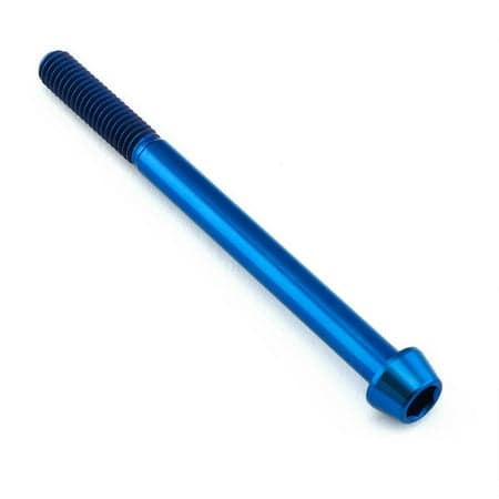 Blue tapered Allen head titanium bolt measuring M6 x 1.00mm x 75mm, featuring a sleek finish and a hexagonal socket for easy installation.