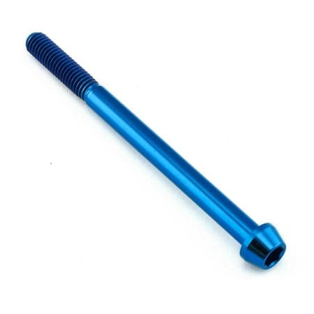 Tapered Allen head titanium bolt in blue, measuring M6 x 1.00mm x 80mm, featuring a smooth, shiny finish and distinct threading along the shaft.