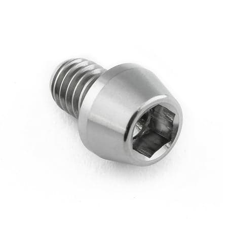 Tapered Allen head titanium bolt in natural finish, measuring M6 X 1.00mm X 8mm, featuring a hexagonal socket for tool use and a sleek, metallic appearance.