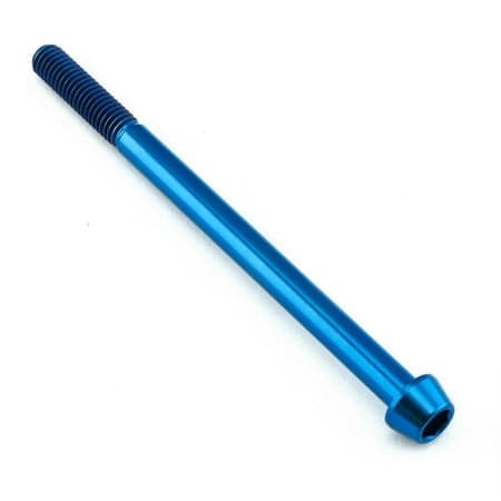 Tapered Allen head titanium bolt in blue, measuring M6 x 1.00mm x 90mm, featuring a smooth shaft and threaded end for secure fastening.