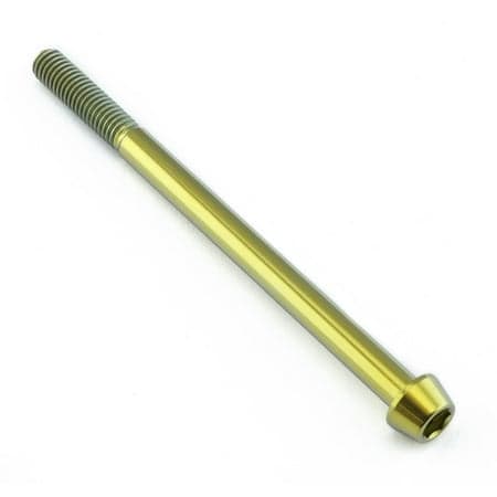 Gold titanium tapered Allen head bolt, measuring M6 X 1.00mm X 90mm with a 25mm long threaded section, showcasing a sleek, shiny finish.