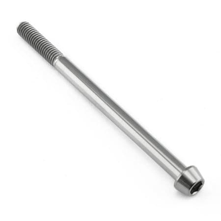 Tapered Allen head titanium bolt in natural finish, measuring M6 x 1.00mm x 90mm, featuring a smooth surface and distinct threading along the shaft.
