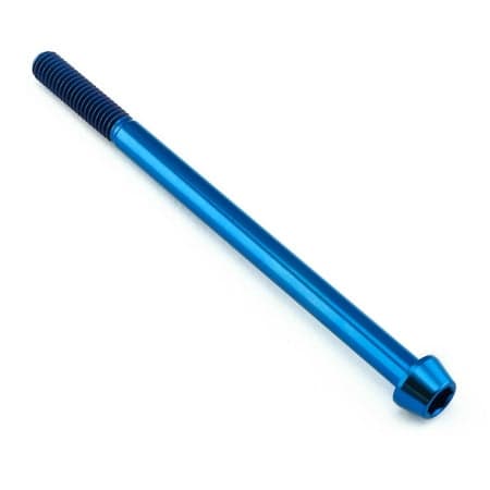 Tapered Allen head titanium bolt in vibrant blue, measuring M6 x 1.00mm x 95mm, featuring a smooth, polished finish and distinct threading.
