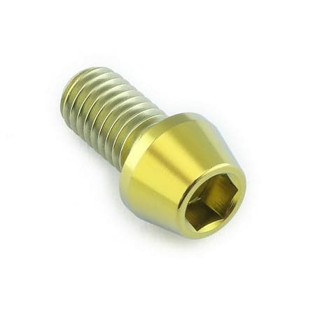 Gold tapered Allen head titanium bolt, measuring M8 X 1.25mm X 15mm, featuring a smooth finish and hexagonal socket for easy installation.