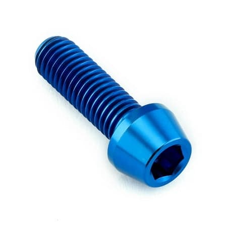 Blue tapered Allen head titanium bolt, measuring M8 x 1.25mm x 25mm, featuring a smooth finish and hexagonal socket for easy installation.