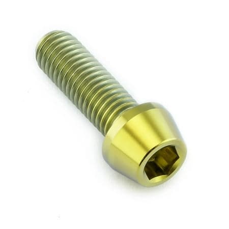 Gold tapered Allen head titanium bolt, measuring M8 x 1.25mm x 25mm, featuring a smooth, shiny surface and hexagonal socket for easy installation.