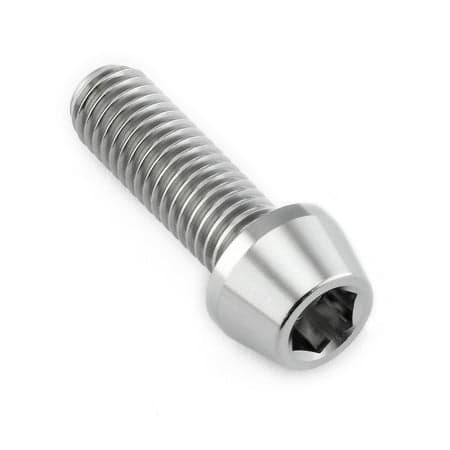 Tapered Allen head titanium bolt in natural finish, measuring M8 x 1.25mm x 25mm, featuring a shiny, metallic surface and a hexagonal socket for tool insertion.