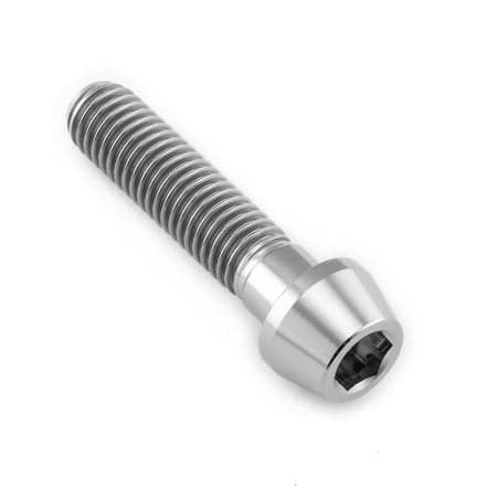 Tapered Allen head titanium bolt in natural finish, measuring M8 X 1.25mm X 35mm with a 25mm shaft, featuring a smooth, shiny surface and a hexagonal socket for tool engagement.