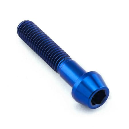 Blue titanium tapered Allen head bolt, measuring M8 x 1.25mm x 40mm, featuring a sleek design with a smooth finish and prominent threading.