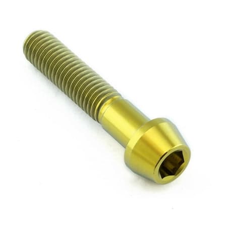 Gold titanium tapered Allen head bolt, M8 size, 1.25mm thread pitch, 40mm length, featuring a smooth finish and hexagonal socket for easy installation.