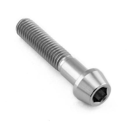 Tapered Allen head titanium bolt in natural finish, measuring M8 x 1.25mm x 40mm with a 25mm length, featuring a sleek, shiny surface and a hexagonal socket for easy installation.
