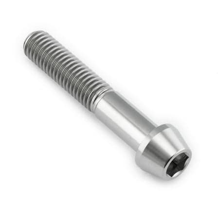 Tapered Allen head titanium bolt in natural finish, measuring M8 x 1.25mm x 45mm, featuring a smooth, shiny surface and spiral grooves along the shaft.