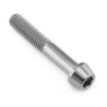 Tapered Allen head titanium bolt in natural finish, measuring M8 x 1.25mm x 50mm, featuring a smooth, shiny surface and spiral threading for durability.