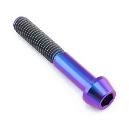 Purple tapered Allen head titanium bolt measuring M8 x 1.25mm x 50mm, featuring a sleek finish and distinctive threading for enhanced durability and performance.