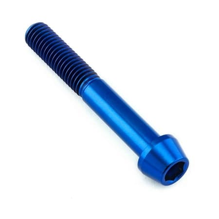 Blue titanium tapered Allen head bolt, measuring M8 x 1.25mm x 55mm, featuring a smooth finish and deep hex socket for secure fastening.