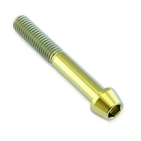 Gold titanium tapered Allen head bolt, measuring M8 X 1.25mm X 55mm, featuring a shiny finish and a hexagonal socket for easy installation.