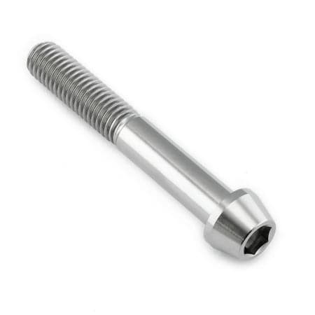 Tapered Allen head titanium bolt in natural finish, measuring M8 x 1.25mm x 55mm, featuring a smooth, shiny surface and hexagonal socket for easy installation.