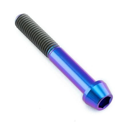 Purple tapered Allen head titanium bolt, measuring M8 x 1.25mm x 55mm, featuring a shiny finish and distinct hexagonal socket for tool engagement.